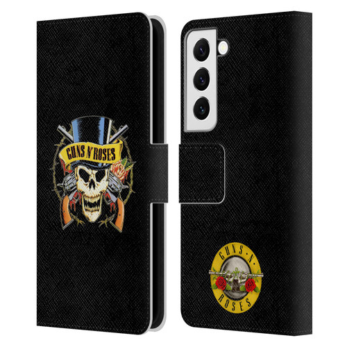 Guns N' Roses Key Art Top Hat Skull Leather Book Wallet Case Cover For Samsung Galaxy S22 5G