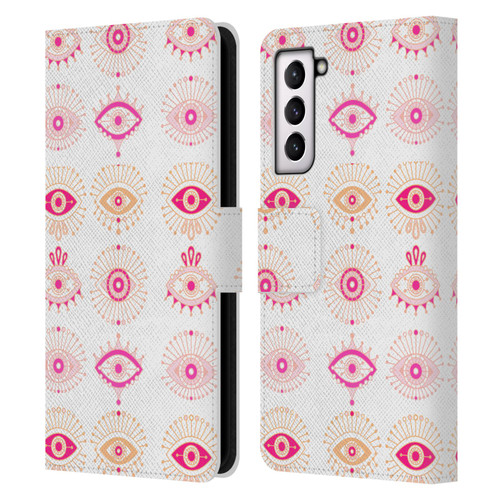Cat Coquillette Linear Pink Evil Eyes Leather Book Wallet Case Cover For Samsung Galaxy S21 5G