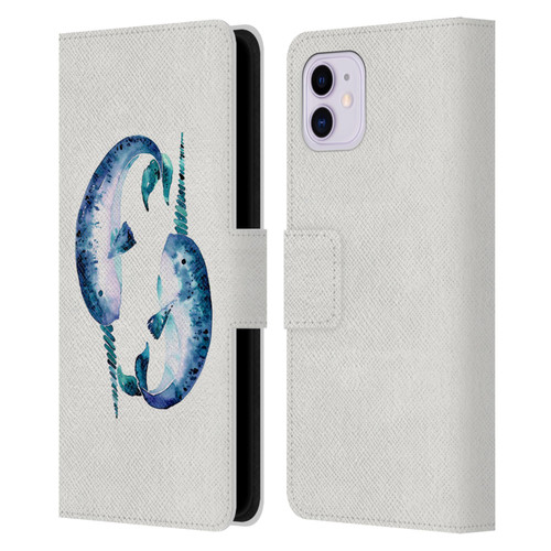 Cat Coquillette Sea Blue Narwhals Leather Book Wallet Case Cover For Apple iPhone 11