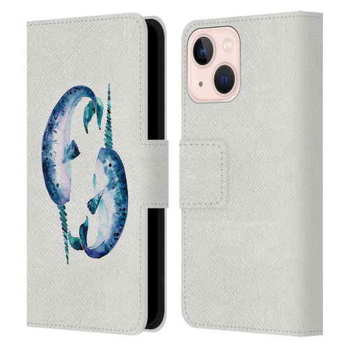 Cat Coquillette Sea Blue Narwhals Leather Book Wallet Case Cover For Apple iPhone 13 Mini
