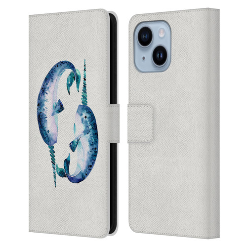 Cat Coquillette Sea Blue Narwhals Leather Book Wallet Case Cover For Apple iPhone 14 Plus