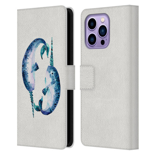 Cat Coquillette Sea Blue Narwhals Leather Book Wallet Case Cover For Apple iPhone 14 Pro Max