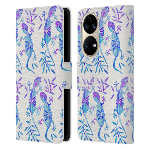 Cat Coquillette Animals 2 Indigo Geckos Leather Book Wallet Case Cover For Huawei P50
