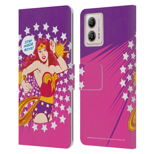 Wonder Woman DC Comics Vintage Art Step Aside Leather Book Wallet Case Cover For Motorola Moto G53 5G