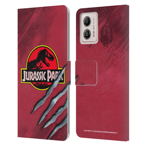 Jurassic Park Logo Red Claw Leather Book Wallet Case Cover For Motorola Moto G53 5G