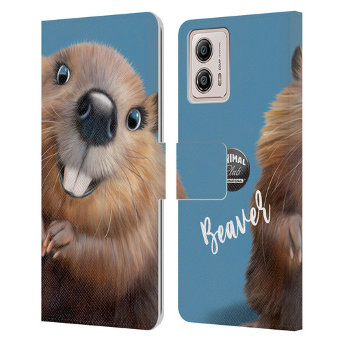 Animal Club International Faces Beaver Leather Book Wallet Case Cover For Motorola Moto G53 5G