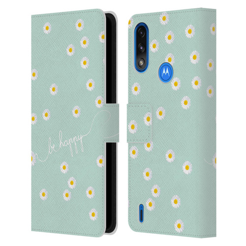 Monika Strigel Happy Daisy Mint Leather Book Wallet Case Cover For Motorola Moto E7 Power / Moto E7i Power
