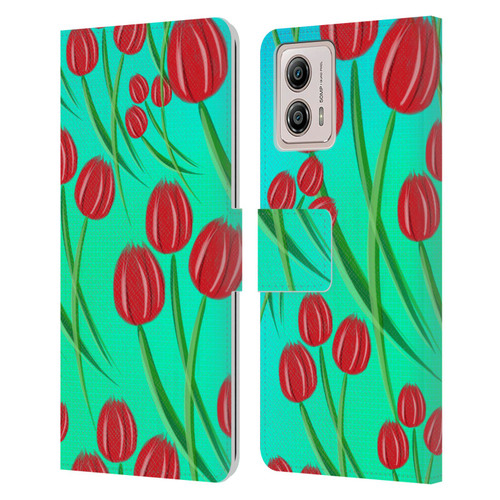 Grace Illustration Lovely Floral Red Tulips Leather Book Wallet Case Cover For Motorola Moto G53 5G
