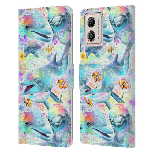 Sheena Pike Animals Rainbow Dolphins & Fish Leather Book Wallet Case Cover For Motorola Moto G53 5G