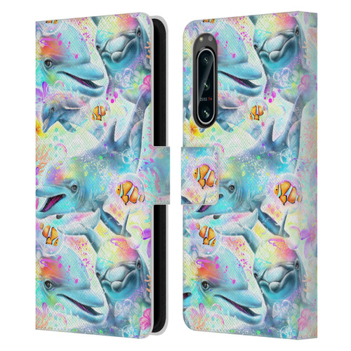 Sheena Pike Animals Rainbow Dolphins & Fish Leather Book Wallet Case Cover For Sony Xperia 5 IV