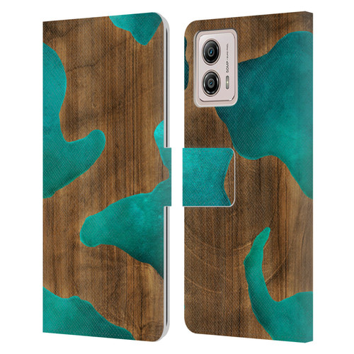 Alyn Spiller Wood & Resin Aqua Leather Book Wallet Case Cover For Motorola Moto G53 5G