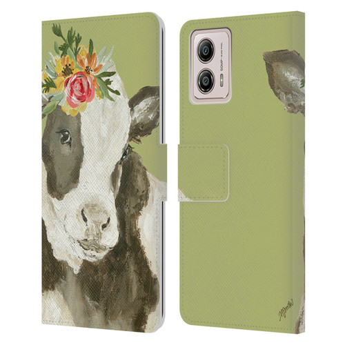 Haley Bush Floral Painting Holstein Cow Leather Book Wallet Case Cover For Motorola Moto G53 5G