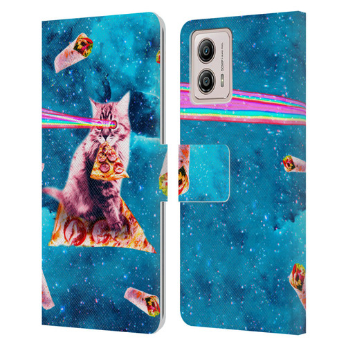 Random Galaxy Space Cat Lazer Eye & Pizza Leather Book Wallet Case Cover For Motorola Moto G53 5G