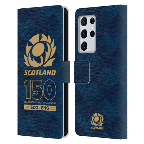 Scotland Rugby 150th Anniversary Halftone Leather Book Wallet Case Cover For Samsung Galaxy S21 Ultra 5G