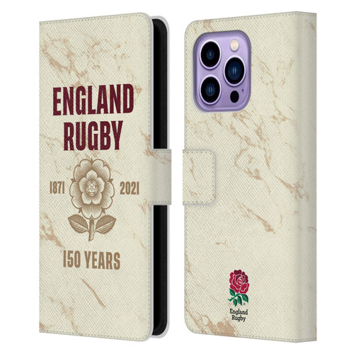 England Rugby Union 150th Anniversary Marble Leather Book Wallet Case Cover For Apple iPhone 14 Pro Max