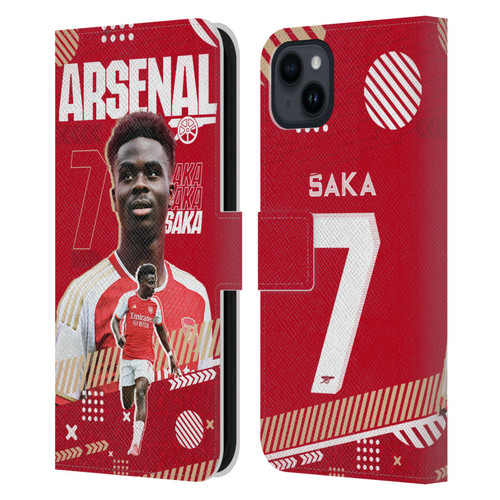 Arsenal FC 2023/24 First Team Bukayo Saka Leather Book Wallet Case Cover For Apple iPhone 15 Plus
