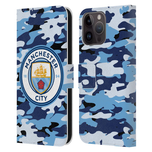 Manchester City Man City FC Badge Camou Blue Moon Leather Book Wallet Case Cover For Apple iPhone 15 Pro Max