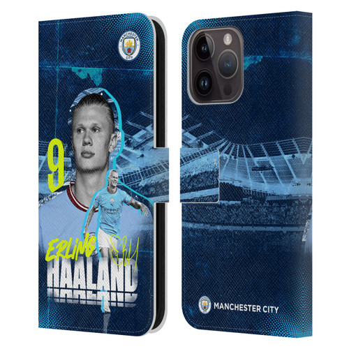 Manchester City Man City FC 2022/23 First Team Erling Haaland Leather Book Wallet Case Cover For Apple iPhone 15 Pro Max