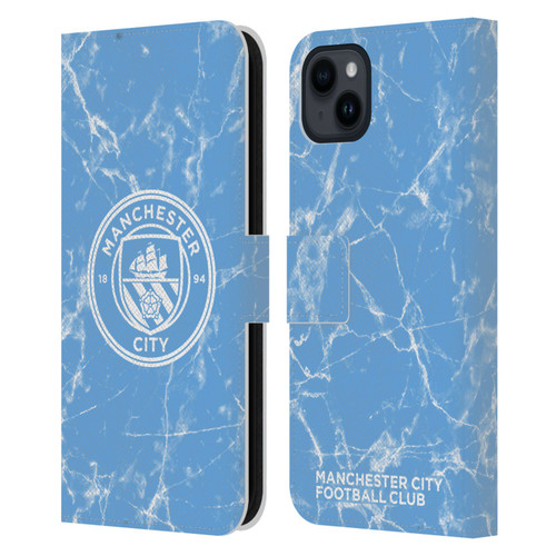 Manchester City Man City FC Marble Badge Blue White Mono Leather Book Wallet Case Cover For Apple iPhone 15 Plus