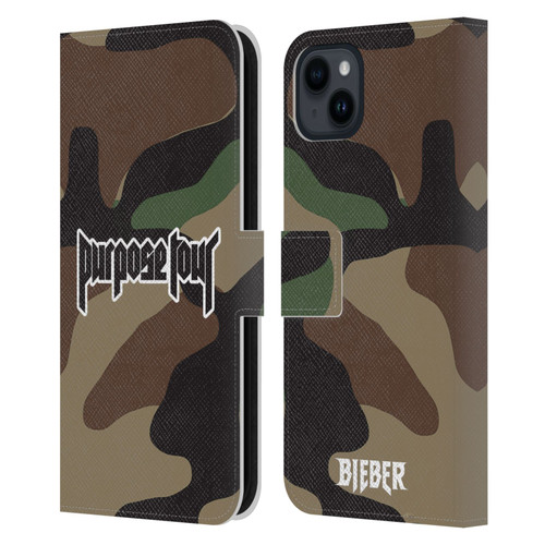Justin Bieber Tour Merchandise Camouflage Leather Book Wallet Case Cover For Apple iPhone 15 Plus