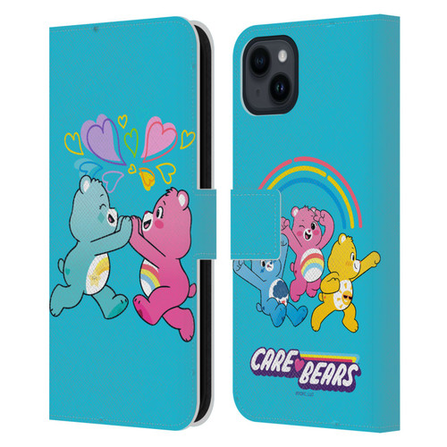 Care Bears Characters Funshine, Cheer And Grumpy Group 2 Leather Book Wallet Case Cover For Apple iPhone 15 Plus