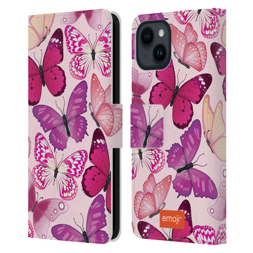 emoji® Butterflies Pink And Purple Leather Book Wallet Case Cover For Apple iPhone 15