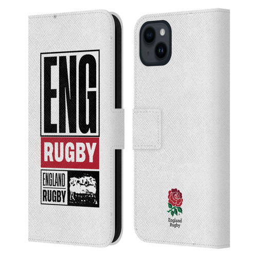 England Rugby Union RED ROSE Eng Rugby Logo Leather Book Wallet Case Cover For Apple iPhone 15 Plus