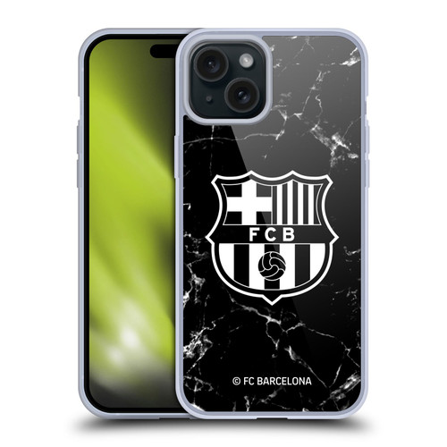 FC Barcelona Crest Patterns Black Marble Soft Gel Case for Apple iPhone 15 Plus