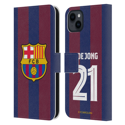 FC Barcelona 2023/24 Players Home Kit Frenkie de Jong Leather Book Wallet Case Cover For Apple iPhone 15 Plus