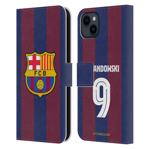 FC Barcelona 2023/24 Players Home Kit Robert Lewandowski Leather Book Wallet Case Cover For Apple iPhone 15 Plus