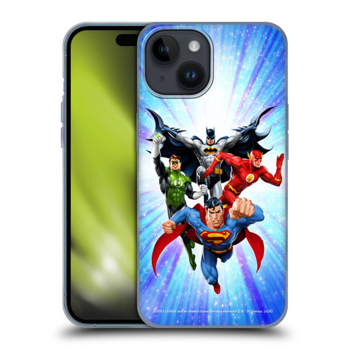 Justice League DC Comics Airbrushed Heroes Blue Purple Soft Gel Case for Apple iPhone 15