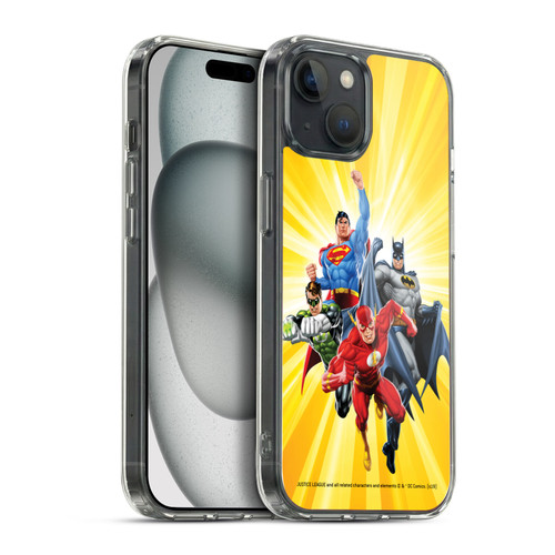 Justice League DC Comics Airbrushed Heroes Yellow Soft Gel Case for Apple iPhone 15 Plus & MagSafe