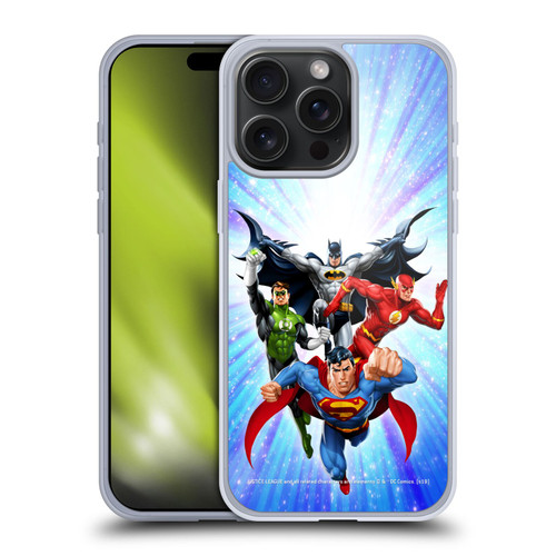 Justice League DC Comics Airbrushed Heroes Blue Purple Soft Gel Case for Apple iPhone 15 Pro Max