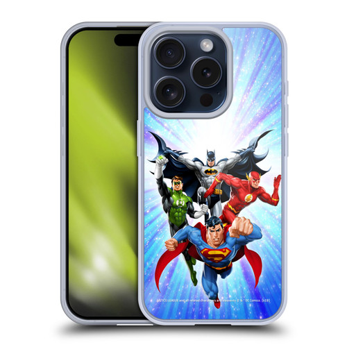 Justice League DC Comics Airbrushed Heroes Blue Purple Soft Gel Case for Apple iPhone 15 Pro