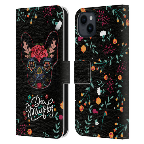 Klaudia Senator French Bulldog Day Of The Dead Leather Book Wallet Case Cover For Apple iPhone 15 Plus