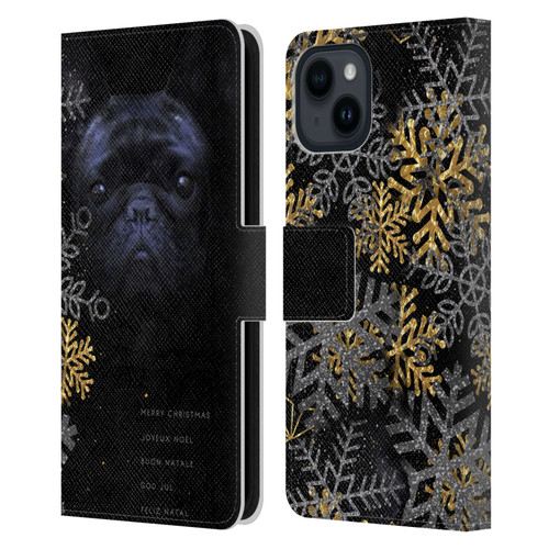 Klaudia Senator French Bulldog 2 Snow Flakes Leather Book Wallet Case Cover For Apple iPhone 15