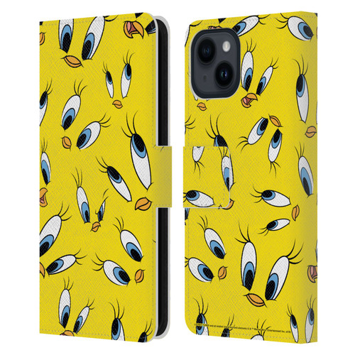 Looney Tunes Patterns Tweety Leather Book Wallet Case Cover For Apple iPhone 15