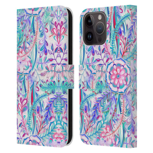 Micklyn Le Feuvre Florals Burst in Pink and Teal Leather Book Wallet Case Cover For Apple iPhone 15 Pro Max