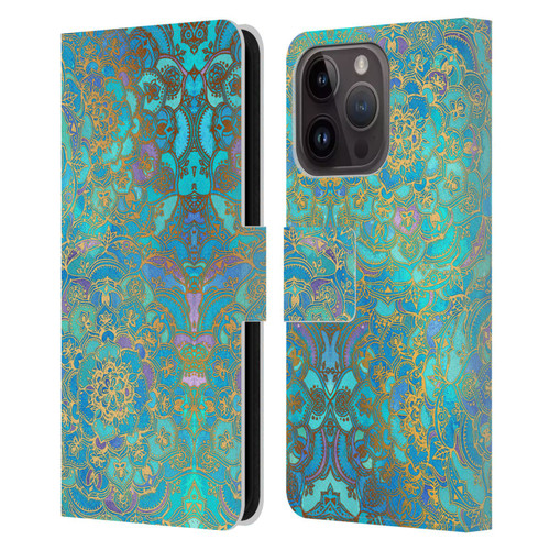 Micklyn Le Feuvre Mandala Sapphire and Jade Leather Book Wallet Case Cover For Apple iPhone 15 Pro