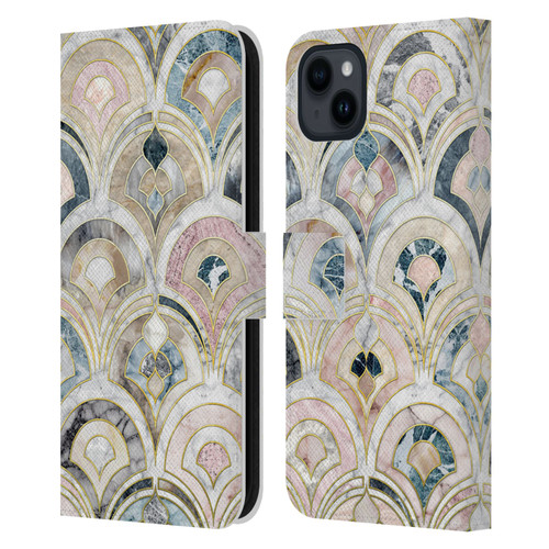 Micklyn Le Feuvre Marble Patterns Art Deco Tiles In Soft Pastels Leather Book Wallet Case Cover For Apple iPhone 15 Plus