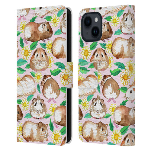 Micklyn Le Feuvre Patterns 2 Guinea Pigs And Daisies In Watercolour On Pink Leather Book Wallet Case Cover For Apple iPhone 15