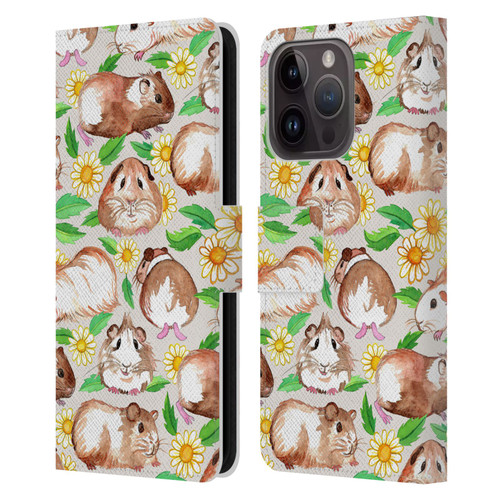 Micklyn Le Feuvre Patterns 2 Guinea Pigs And Daisies In Watercolour On Tan Leather Book Wallet Case Cover For Apple iPhone 15 Pro