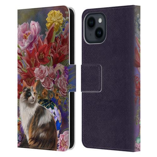 Nene Thomas Art Cat With Bouquet Of Flowers Leather Book Wallet Case Cover For Apple iPhone 15