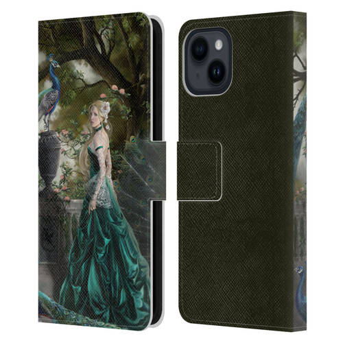 Nene Thomas Art Peacock & Princess In Emerald Leather Book Wallet Case Cover For Apple iPhone 15