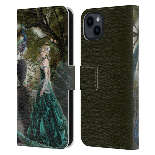 Nene Thomas Art Peacock & Princess In Emerald Leather Book Wallet Case Cover For Apple iPhone 15 Plus