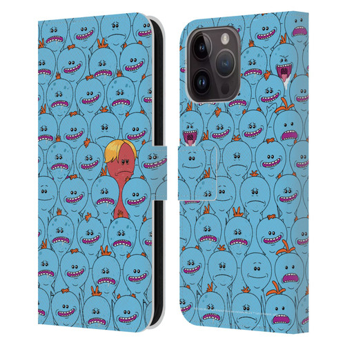 Rick And Morty Season 4 Graphics Mr. Meeseeks Pattern Leather Book Wallet Case Cover For Apple iPhone 15 Pro Max