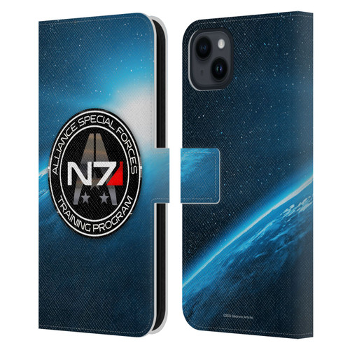 EA Bioware Mass Effect 3 Badges And Logos N7 Training Program Leather Book Wallet Case Cover For Apple iPhone 15 Plus