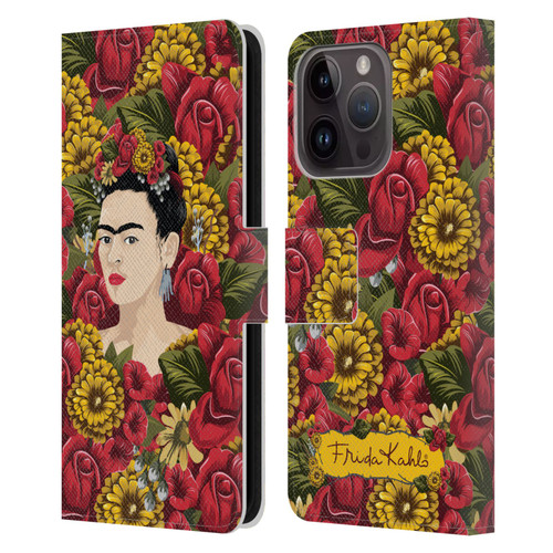 Frida Kahlo Red Florals Portrait Pattern Leather Book Wallet Case Cover For Apple iPhone 15 Pro