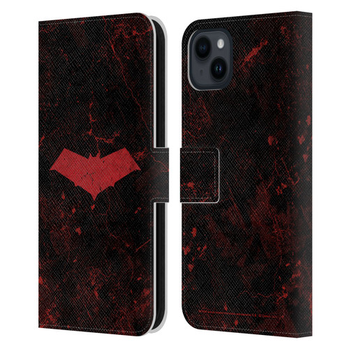 Batman DC Comics Red Hood Logo Grunge Leather Book Wallet Case Cover For Apple iPhone 15 Plus