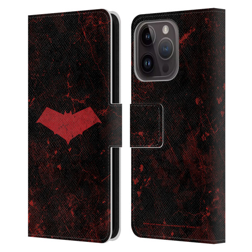 Batman DC Comics Red Hood Logo Grunge Leather Book Wallet Case Cover For Apple iPhone 15 Pro